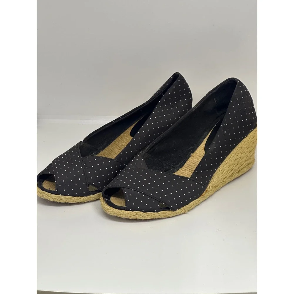Lauren Ralph Lauren Espadrille Wedges Black Polka‎ Dot Peep Toe Heels Size 8.5